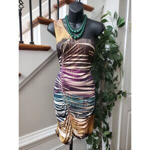 Love Women Multicolor Polyester One Shoulder Off Sleeveless Knee Length Dress L